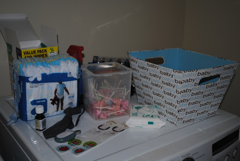 Our set-up: underwear, rewards, flushable wipes, and about 50 rags. 